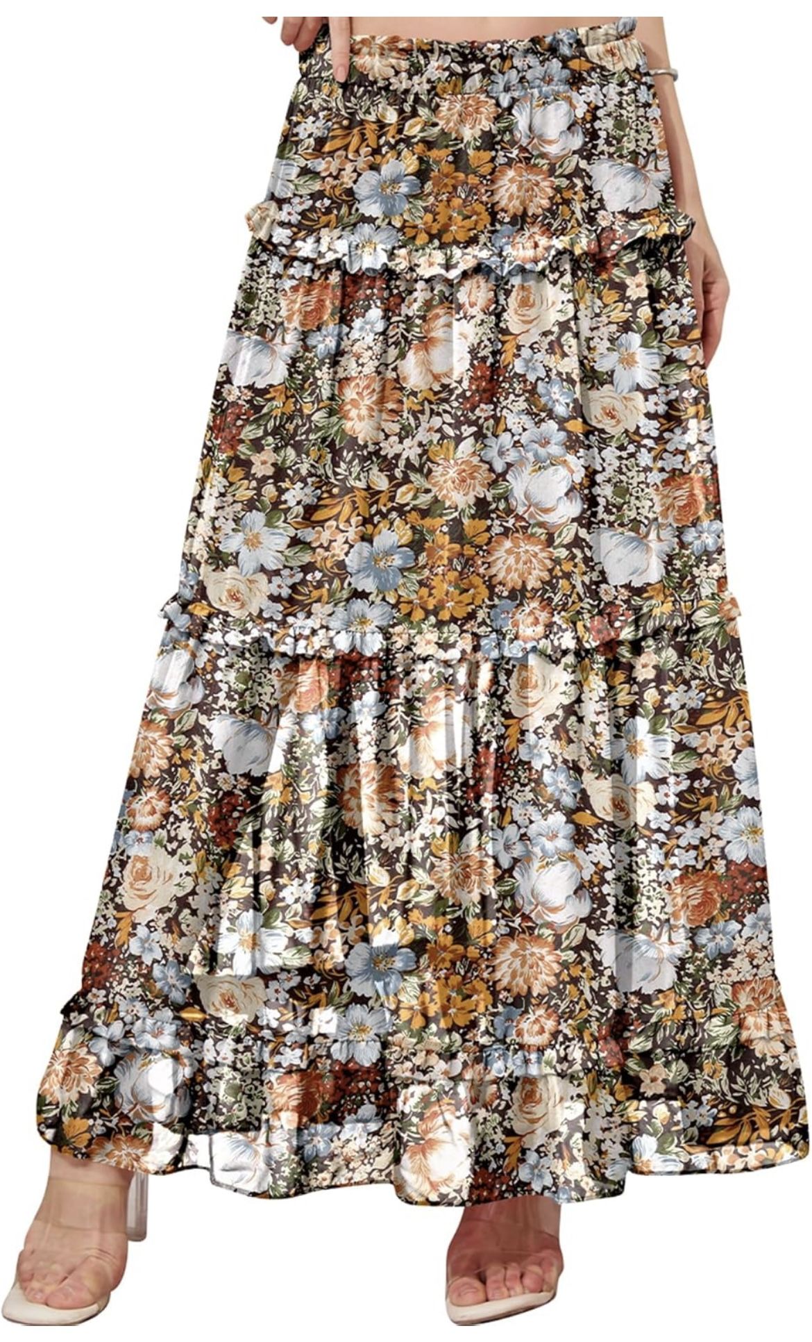 Women's Long Skirt Chiffon Elastic High Waist Floral Swing Boho Maxi Skirts