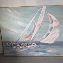 Large Vintage Lee Reynolds Painting Of Sailboats 