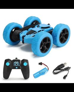 Double-Sided 360° Rotating RC Stunt Car with LED Headlights – Blue & Neon Green | Remote Control Flip Car
