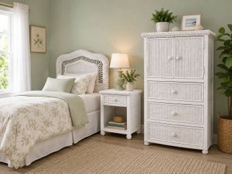 White Wicker Twin Bedroom Set – Dresser, Nightstand & Headboard