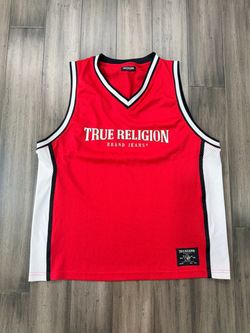 True Religion World Tour Arch Logo Mesh Tank Top Jersey Mens XL Red Sorbet New