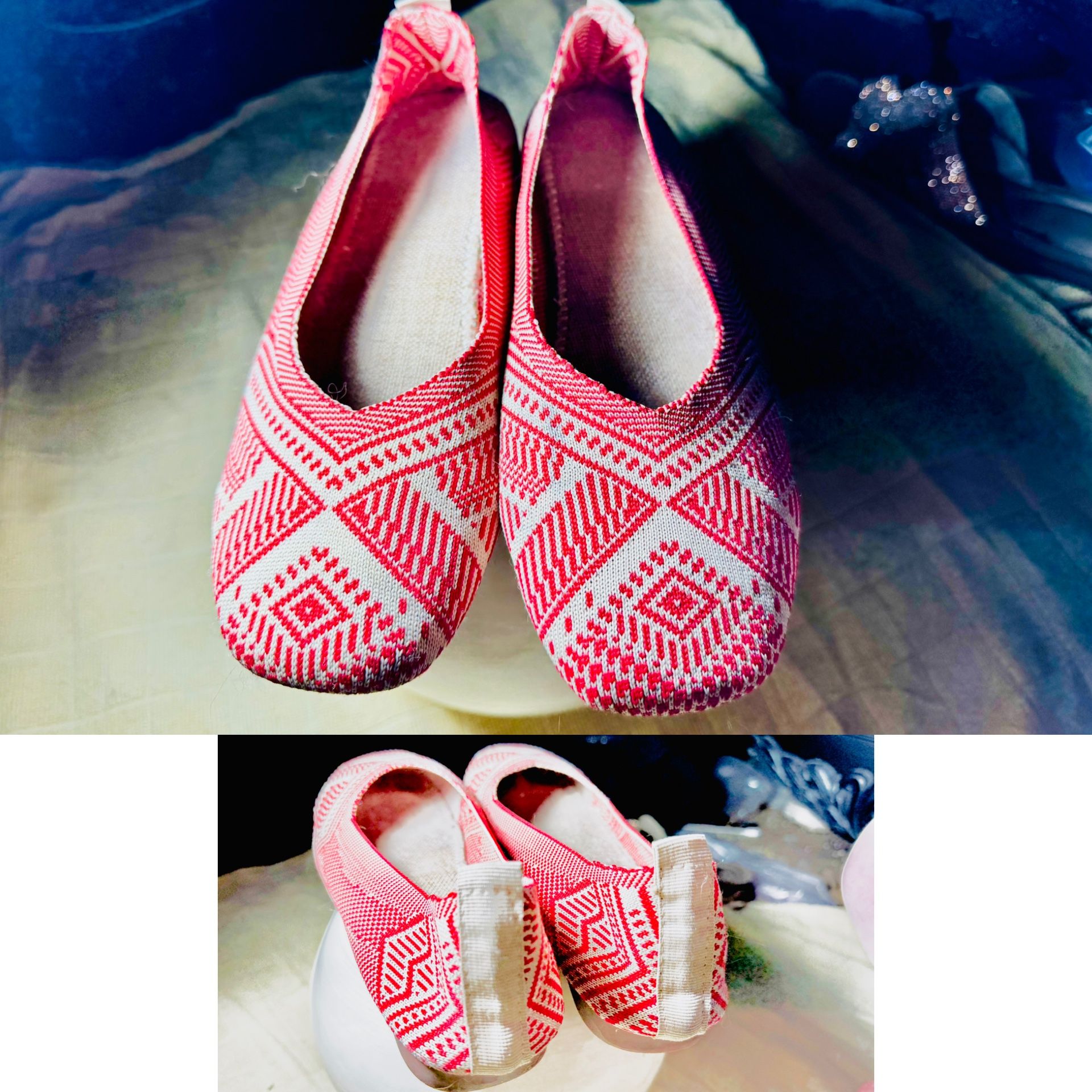 Vibrant knitted Ballet flats. Fits 8-9.5 ruby/cream tones by RVROVIC
