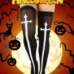 Women Gothic Cross Thigh High Socks Black.