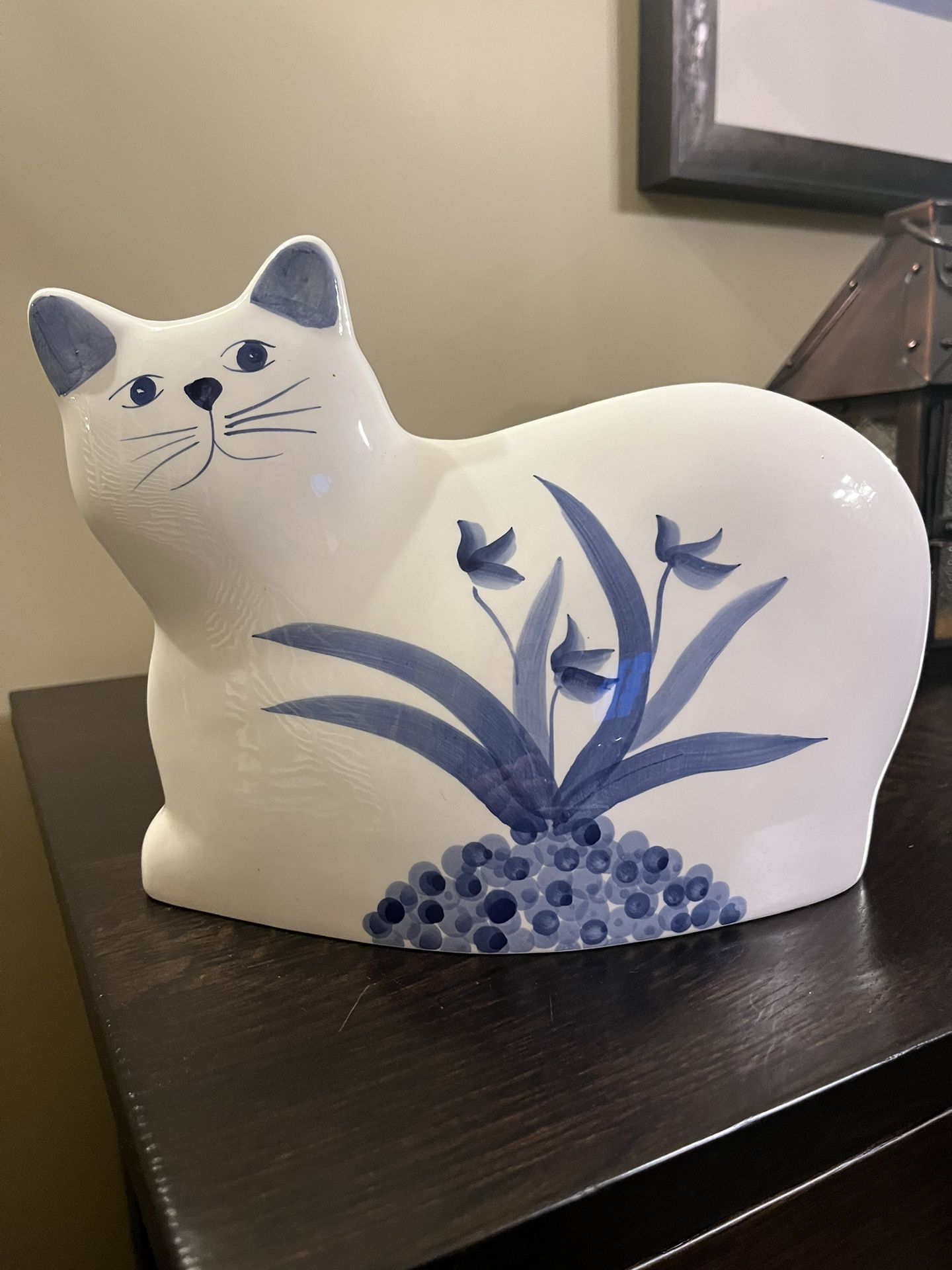 Vintage Blue & White Ceramic Cat Vase Planter Pot