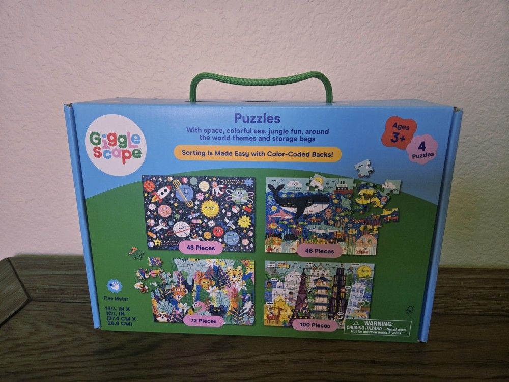 New Giggle Scape 4 Puzzles Outer Space Sea Life Jungle Buildings Age 3+ Toddler Kid's Toys w/ Bags