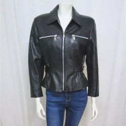 Vintage Black Leather Moto Jacket With Cinched Side Buckles by Tannery West sz S