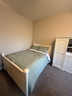Full size bed, mattress, night stand and wardrobe dresser.