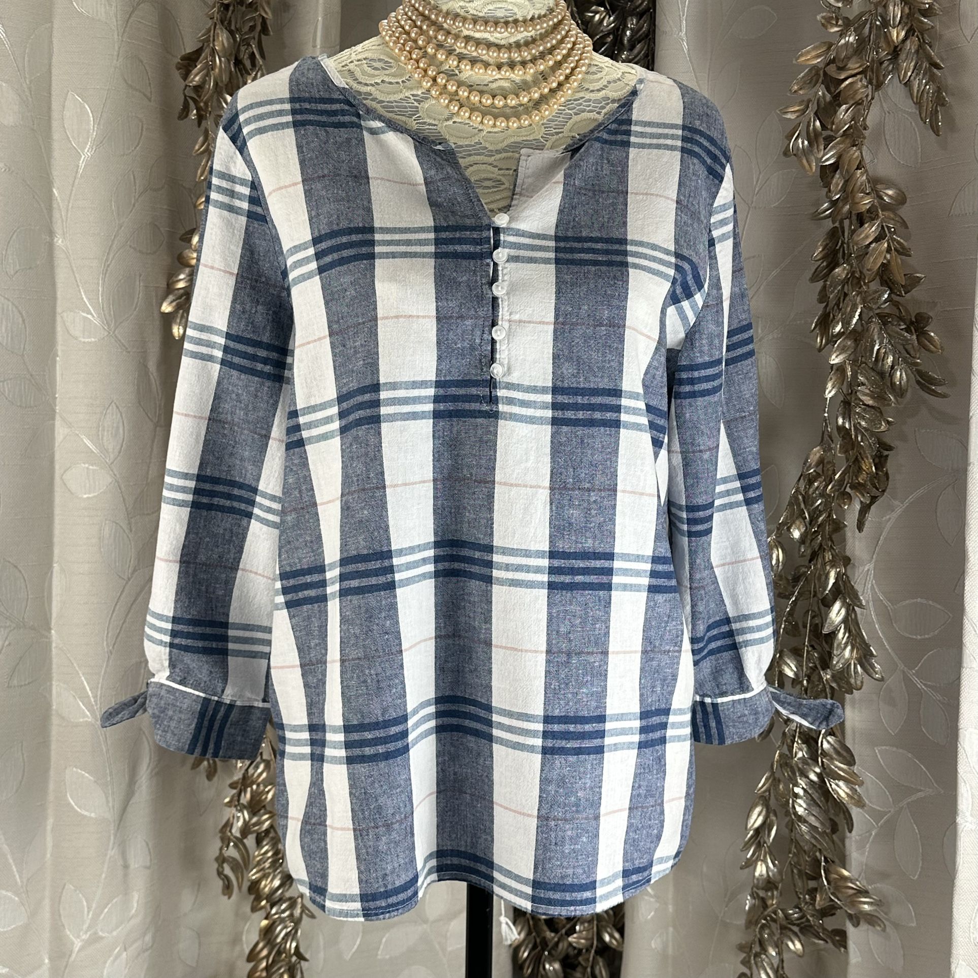 Liz Claiborne Plaid Linen Blend Blouse | M Blue White Tunic Sleeve Tie