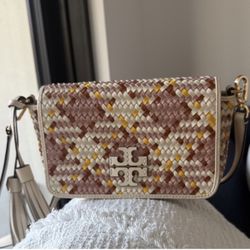 Tory Burch Leather Thea Woven Multi Mini Pink Moon Cross Body Bag