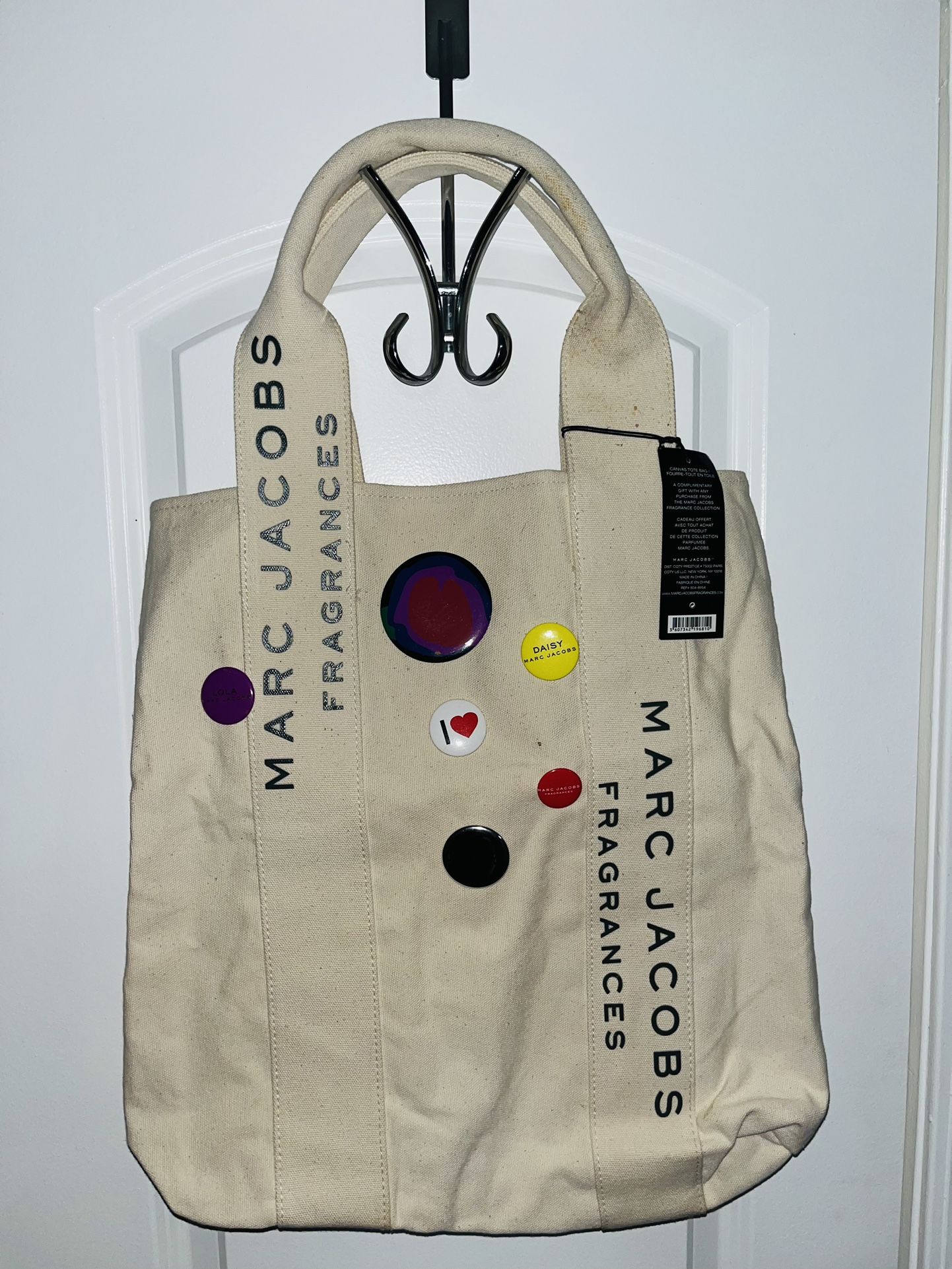 Marc Jacobs Fragrances Cotton Canvas Button Tote Bag Purse Handbag White Cream