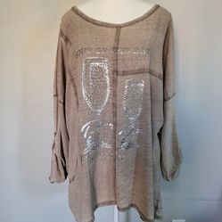 Made In Italy Taupe Tunic Multi Fabric Top Roll Tab Sleeves L/XL