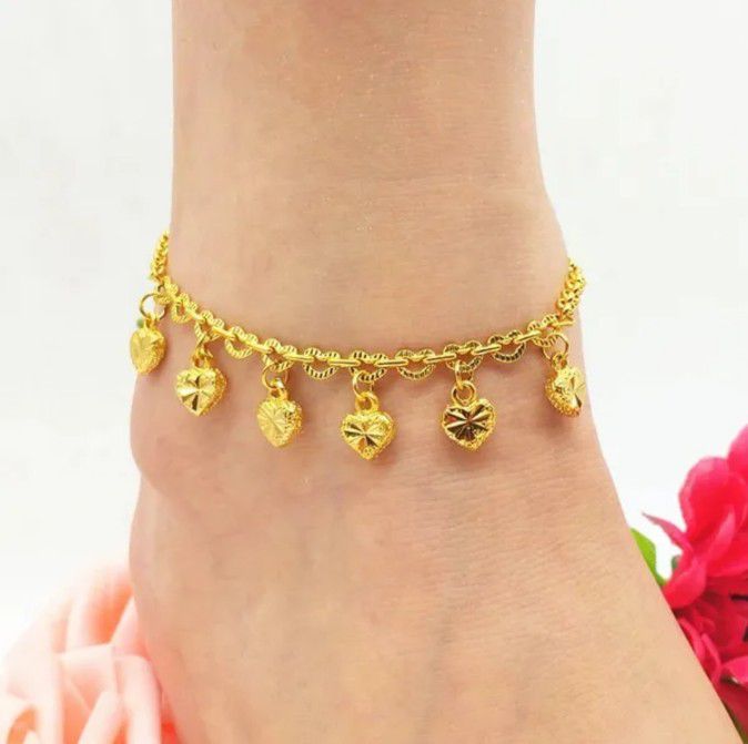 Yellow Gold Filled Heart Bell Women Anklet Sweet Lovely Jewelry Gift 