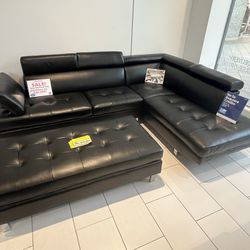 Black Leather Sectional Sofa And Ottoman Set ** Limited Time Sale ** Same Day Delivery