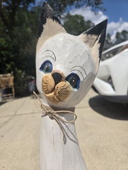 Charming Large Wood Folk Art Painted Cat Statue Sculpture