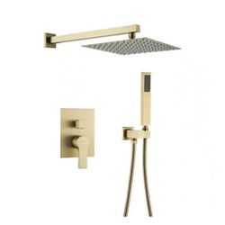 Luxury Shower System In Brushed Gold With Anti Scalding Pressure Valve Balance Valve 12 In Wall Mount Double Heads