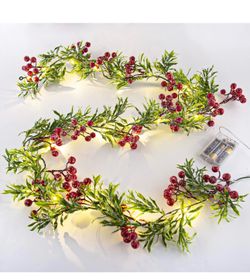 New 2 Pack Artificial Christmas Garland String Lights with 162 Snowy Red Berries 55 Green Leaves 20 LED Lights Battery Operated for Xmas Mantle Indoor