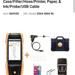TESTO Combustion Analyzer: Adapter/Carrying Case/Filter/Hose/Printer, Paper, & Ink/Probe/USB Cable