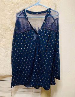Women’s Soft Surroundings Brand V-Neck Navy Blue Shear Lace Beaded Top Size 1X