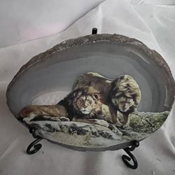 New Lions Photo On Real Agate Stone Slice. 