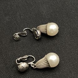 Vintage Large Chunky Faux Pearl Clip-on Dangle Drop Earrings sliver tone