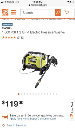 Ryobi 1600psi lightweight electric pressure washer