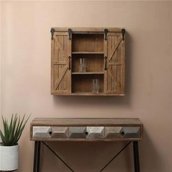 LuxenHome Farmhouse Brown Wood Storage Sliding 2-Door Wall Cabinet