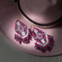 Hot Pink 💓beaded earrings geometric tassel long earrings
