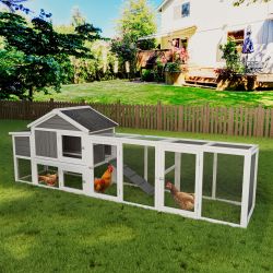 113.5" Gray Large Wooden Chicken Coop Outdoor Hen House with Run, Waterproof Anti-UV Panel & Nesting Box, Secure Lock, Removable Tray for 2–4 Chickens