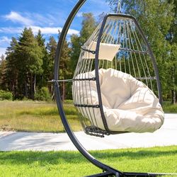 Barton Premium Hanging Chair Lounge Chair Patio Egg Chair UV Resistant Fluffy Cushion Large Basket Porch Lounge, Cream 93904