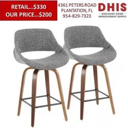 Fabrico 26 in. Walnut and Grey Fabric Counter Stool with Square Black Footrest (Set of 2) NEW