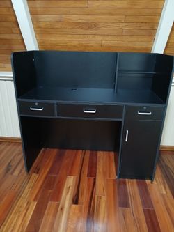 Black Receptionist Desk / Modern Office Workstation with Hutch & Locking Storage