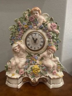 Vintage Porcelain 1989 Cherub Angels & Floral Clock Hand-crafted 15x12.5x6.25”