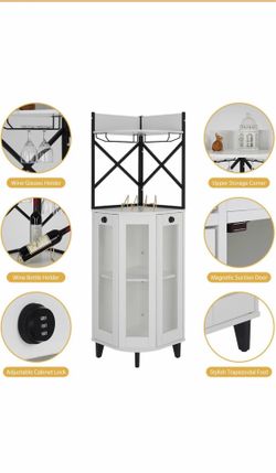 COCO DESIGN Corner Wine Cabinet with Lockable Glass Door & LED Light,