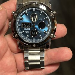 SKIMEI Navi Blue Dial. Dual Time Analog/ Digital No Scratches Shine Polished Stainless Steel Keeps Good Timing 50mm Big Watch For A Big Man’s Wrist 