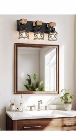 o 3-Light Farmhouse Vanity Light for Bathroom, Wood Bathroom Light Fixtures Over Mirror, Industrial Black Vanity Light with Metal Lampshade for Bedroo