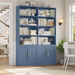 Bookshelf and Bookcase with Doors, Double Wide Large Bookshelves Industrial Open Display Shelves 6 Tier, 73'' Tall Bookshelf with Storage Cabinets for
