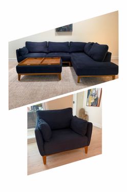 Macys Navy Blue Sectional, Storage Ottoman and Chair