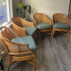 4 Vintage Rattan Barrel Back Accent Chairs | Arm Chairs