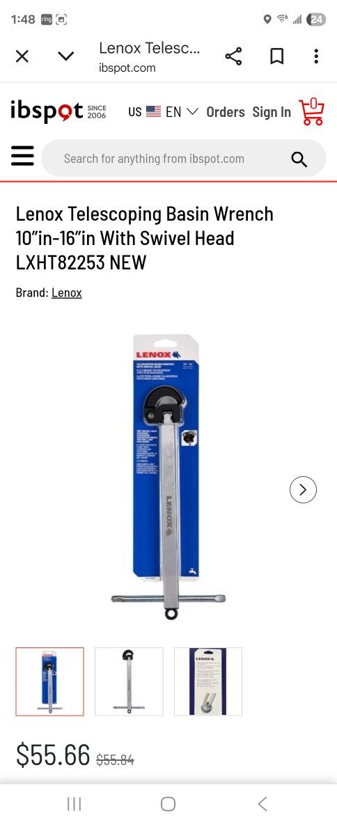 Lenox Telescoping Basin Wrench 10”in-16”in With Swivel Head LXHT82253 NEW