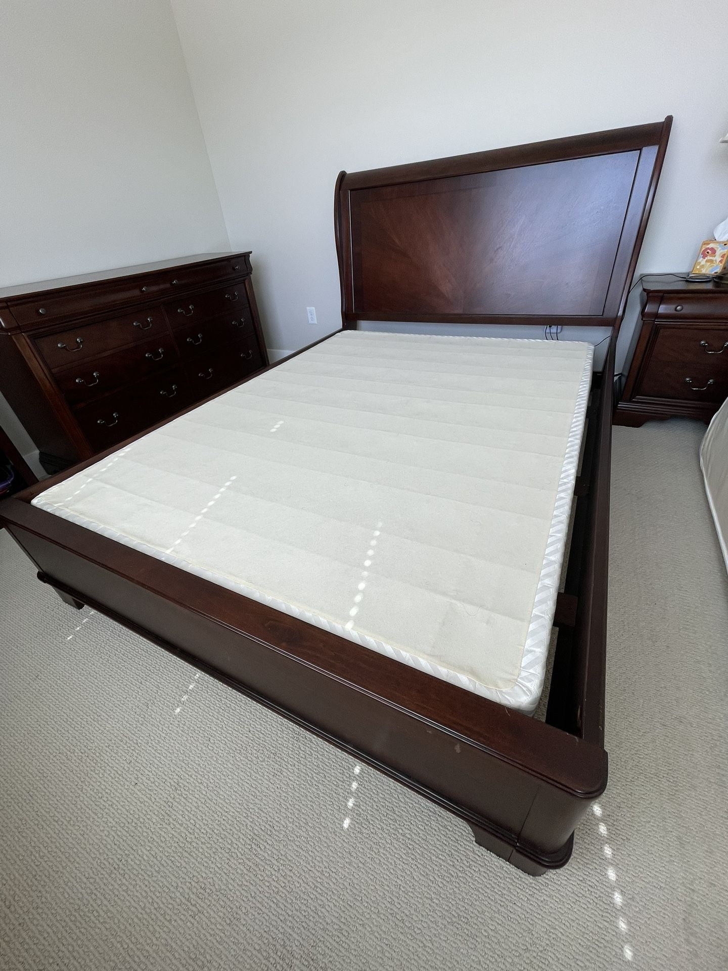 Queen Sleigh Bed + Box Spring + Side Table