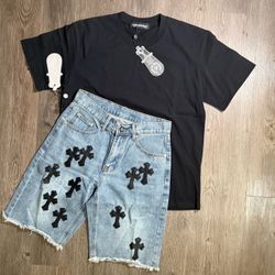 Chrome Hearts Black T-Shirt & Denim Shorts Set SMALL/28