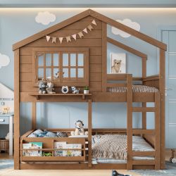 Full Size Bunk Bed/Loft Bed with Bookshelf, House Design, High-Quality Safety Fencing, Natural