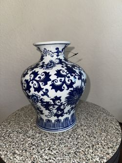 Beautiful White and Blue Jar ceramic 9” High X 23” Diameter