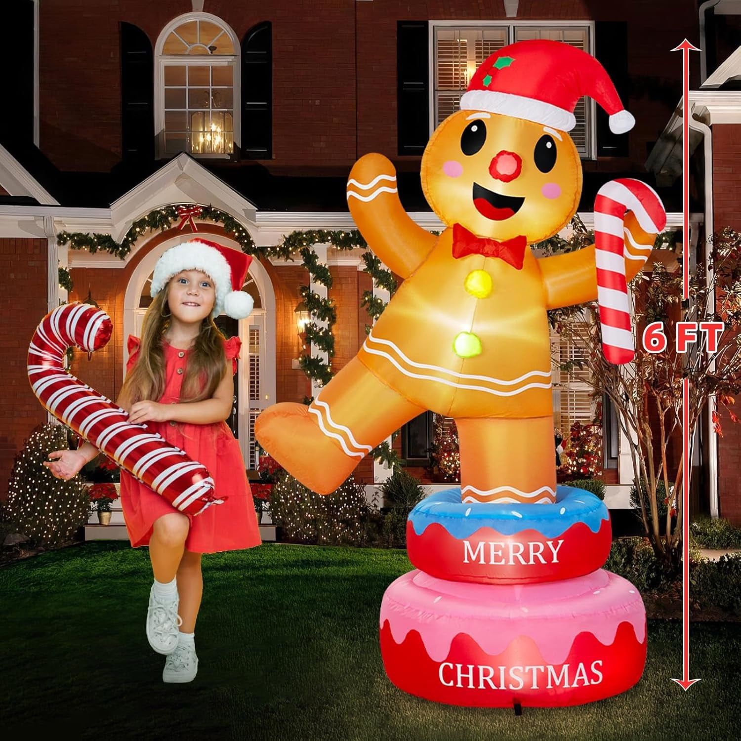 6FT Christmas Inflatables Outdoor Decorations Rotating Gingerbread Man Stands Turntable Lighted Blow Up Yard Xmas Party Garden Lawn Decor