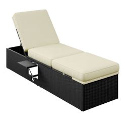 Outdoor PE Wicker Chaise Lounge Chair, Patio Black Rattan Reclining Chair with Adjustable Backrest and Folding Table, Outdoor Recliners for Patio Beac
