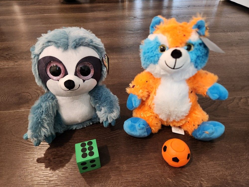 New 8.5" plush sloth & New 8.5" big headed stuffed dog with a ball and a dice