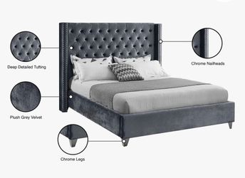 Queen Grey Velvet Tufted Bed Frame