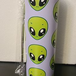 Alien GREEN Faces Space 20oz Skinny Tumbler Insulated Travel Mug Cup 