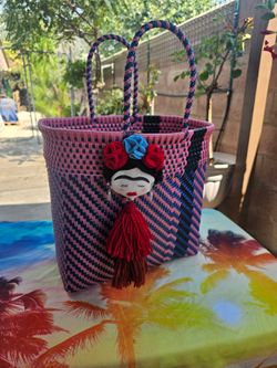 Handcrafted Pink and Blue Woven Tote Bag