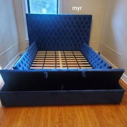 Blue Velvet Queen Storage Platform Bed Frame Cama/King Size Available//a Mattress Sold Separately,  Financing Options 